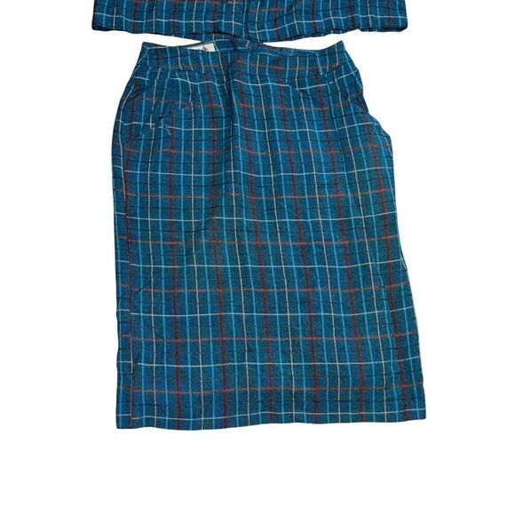 BEAUTIFUL UNIQUE RARE VINTAGE 2 piece 1990s Liz Claiborne Teal Plaid Tartan Long - Picture 2 of 8